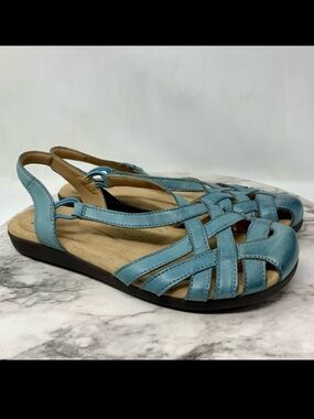 Earth Origins Nellie Parisian Blue Leather Multi Strap Comfort Sandals 9.5 Retro